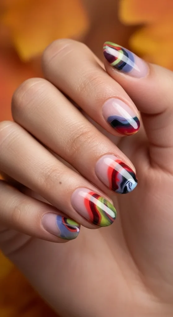  Almond nails with orange and brown abstract  swirl art, glossy finish, autumn leaf background
