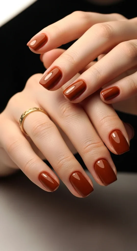 Butterscotch caramel gel nails with a glossy finish and cozy tone.