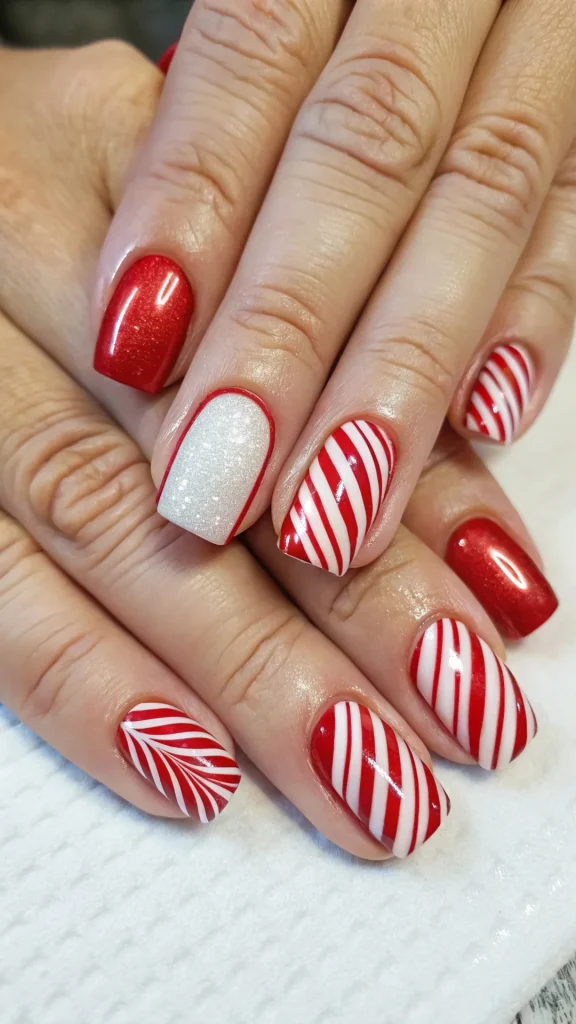 Classic Christmas Nails 2025: 21 Timeless Holiday Nail Designs 4 Candy cane striped Christmas nails with red and white patterns and glossy finish.