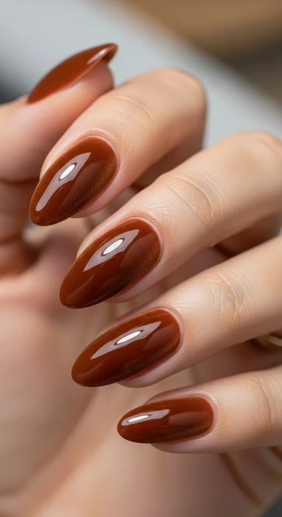 Dark Caramel velvet gel nails with glossy, luxurious finish.