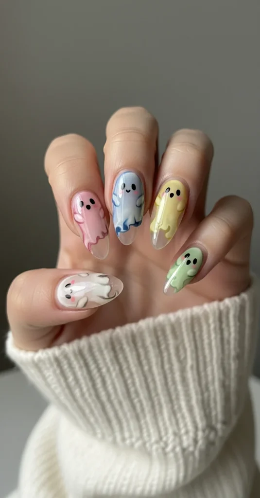 Nude nails with playful ghost silhouettes.