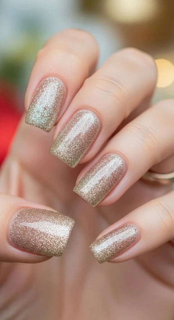champagne glitter gradient nails with glossy top coat
