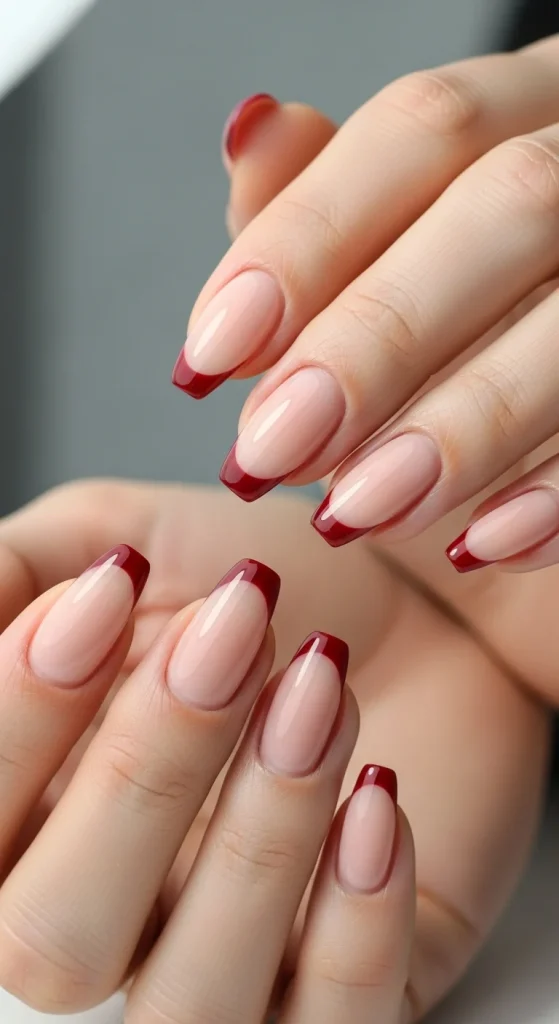 15 Red Nail Designs 2026: Cherry, Dark & Trendy Ideas You’ll Love 4 Long almond nails painted in cherry red, burnt orange, and cream with curved swirl line accents in green and black, creating a stylish multi-tone manicure inspired by fall colors.