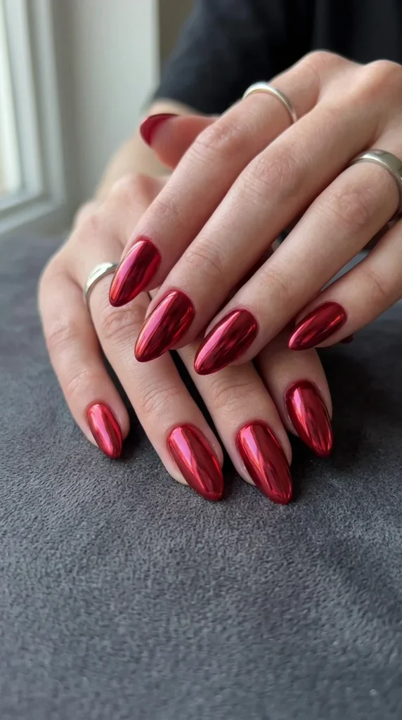 15 Red Nail Designs 2026: Cherry, Dark & Trendy Ideas You’ll Love 10 cherry red chrome nails mirror shine metallic red nail design 2026