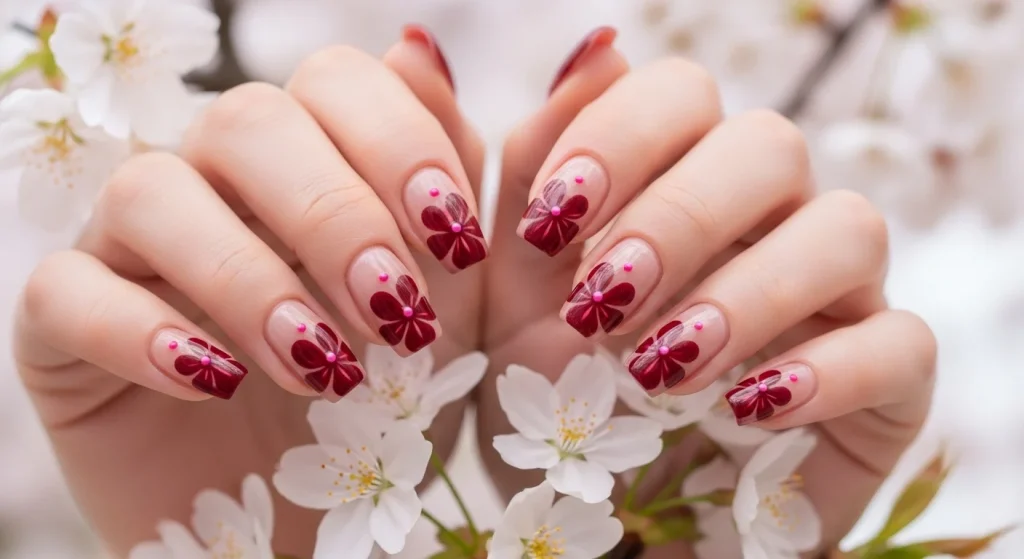 Two hands with nude almond nails featuring glossy dark cherry red nails floral art with tiny pink centers, romantic and seasonal manicure for winter.