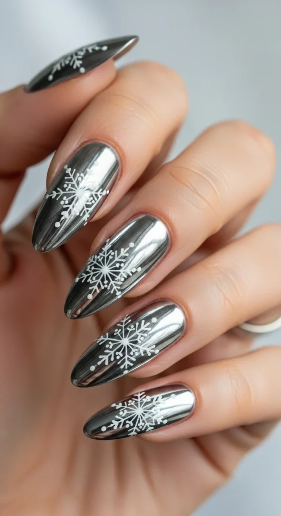 Silver chrome nails with snowflake art