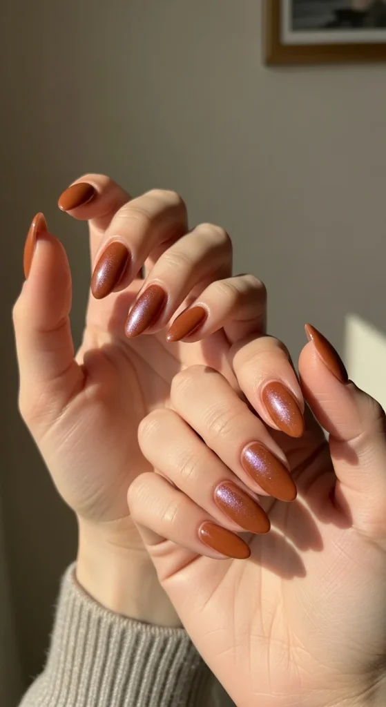 Almond nails with cinnamon aura glow and warm brown tones, perfect for cozy fall vibes.