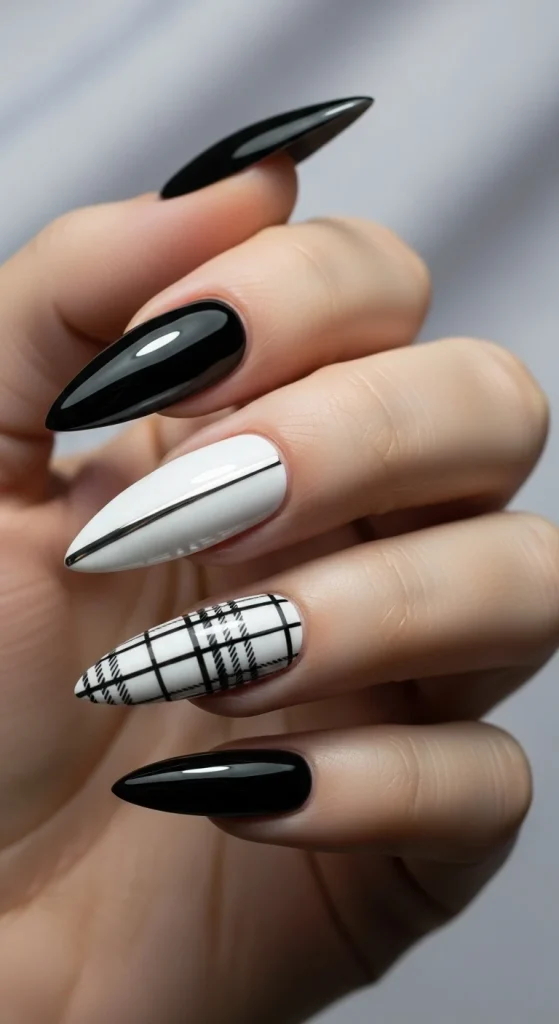 Plaid Nails with Cozy Sweater Texture: Holiday Nail Designs 2025 8 Glossy black nails with white plaid accent and silver stripe.