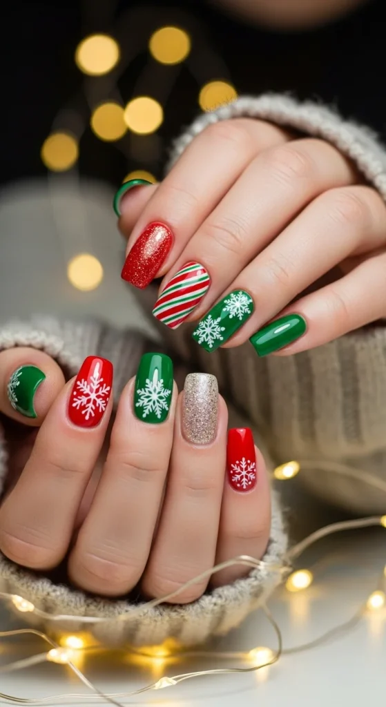 Classic red and green Christmas nails with candy cane stripes, gold glitter, and snowflake nail art for holiday 2025.