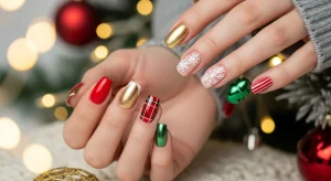 Classic Christmas nails 2025 — red, gold, plaid, and snowflake holiday nail designs showcased with cozy festive background.