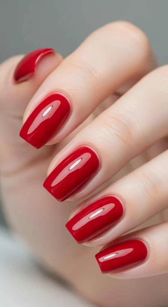 Classic Christmas Nails 2025: 21 Timeless Holiday Nail Designs 2 Classic red glossy Christmas nails with high-shine finish.