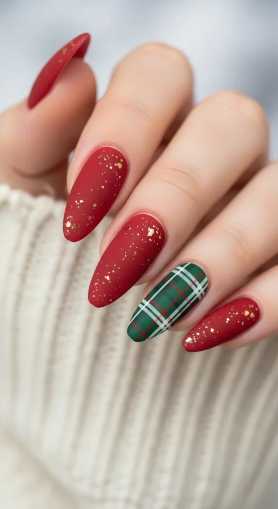Plaid Nails with Cozy Sweater Texture: Holiday Nail Designs 2025 2 Matte crimson nails with forest-green and cream plaid accent, gold speckles, holiday sweater backdrop.