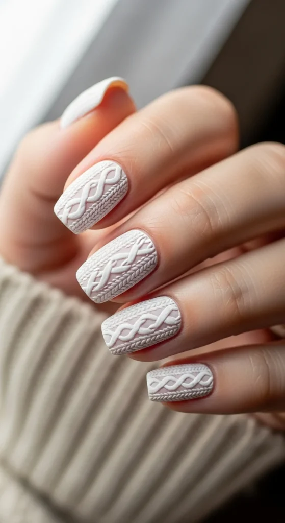 White matte cozy knit frost nails with sweater pattern texture.