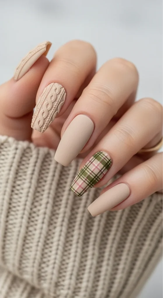 Plaid Nails with Cozy Sweater Texture: Holiday Nail Designs 2025 4 Oatmeal cable-knit texture nails and olive-rose tartan accent nail.