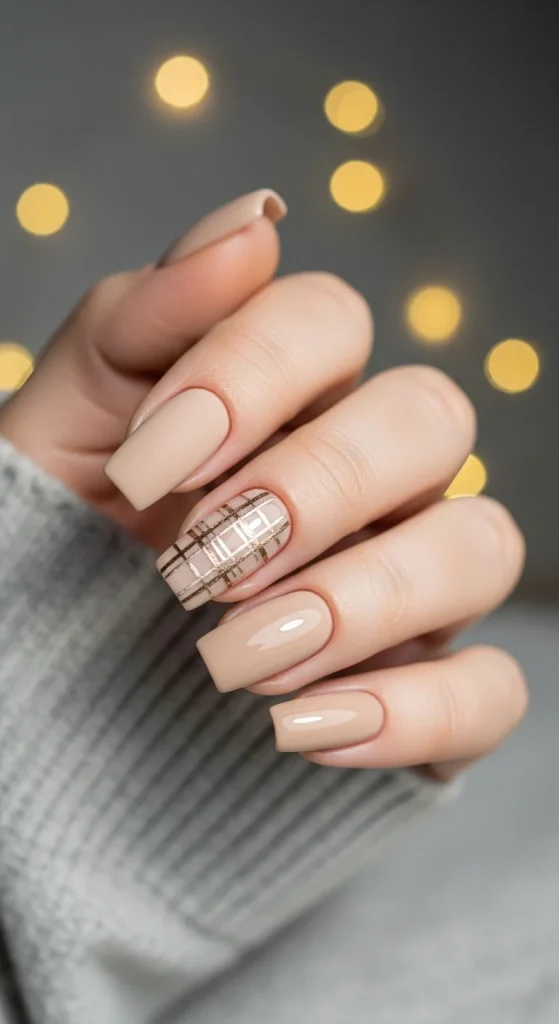 Plaid Nails with Cozy Sweater Texture: Holiday Nail Designs 2025 3 Sand beige nails with minimalist champagne-gold plaid accent.