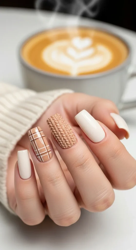 Plaid Nails with Cozy Sweater Texture: Holiday Nail Designs 2025 10 Cream nails with camel plaid accent and knit texture nail.