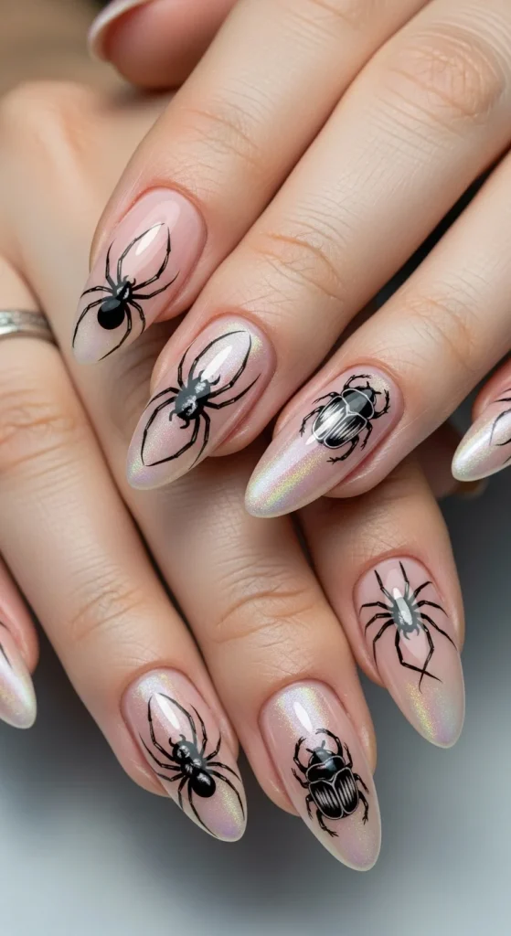 Creepy Crawlers Halloween nails with nude polish and tiny black ant accents. 