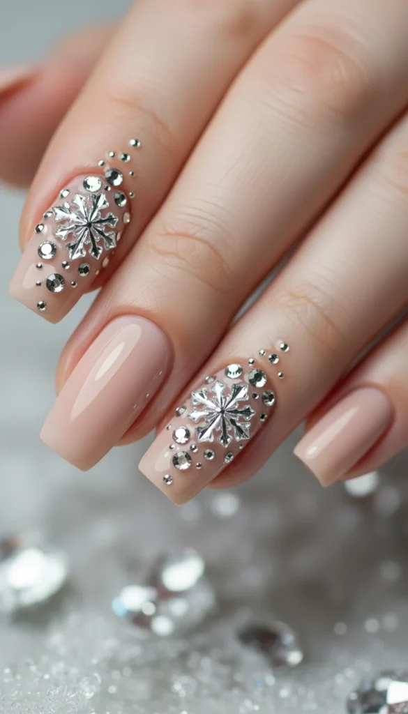 Nude nails with crystal snowflake accents for elegant winter 2025 manicures.
