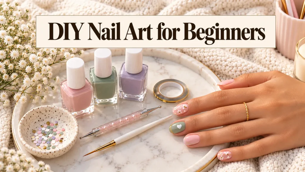 DIY Nail Art for Beginners: Easy Designs You Can Master at Home (2026 Edition) 29 Hand with short pastel nails in simple dots, a stripe and a tiny heart, on a marble tray with polish bottles, striping tape and a dotting tool
