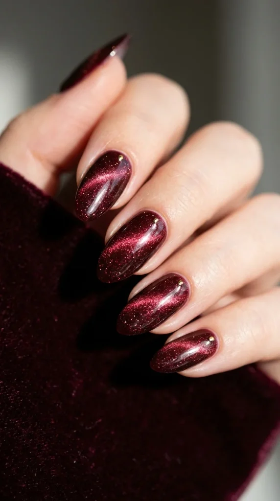 15 Red Nail Designs 2026: Cherry, Dark & Trendy Ideas You’ll Love 11 dark red cat eye nails magnetic effect cherry red nail design 2026
