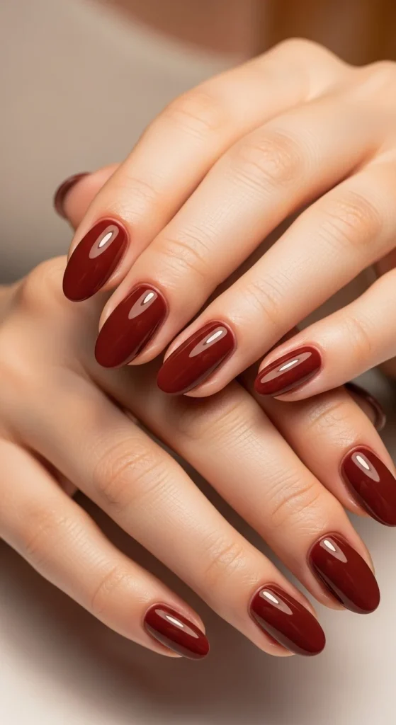 Glossy cherry mocha gel nails with deep red-brown finish, elegant and fall-inspired.