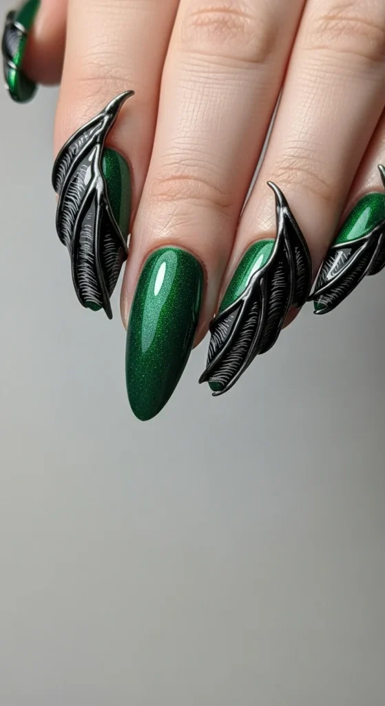 Draconic Wing Halloween nails with black dragon wing tips.