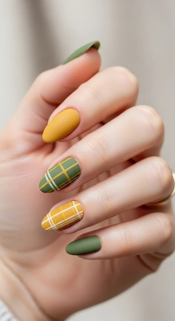 Plaid Nails with Cozy Sweater Texture: Holiday Nail Designs 2025 14 Mustard and olive plaid manicure for transition into winter.
