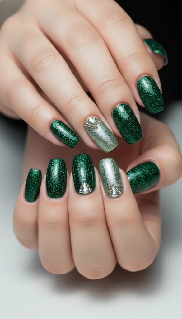 Emerald green glitter nails for holidays
