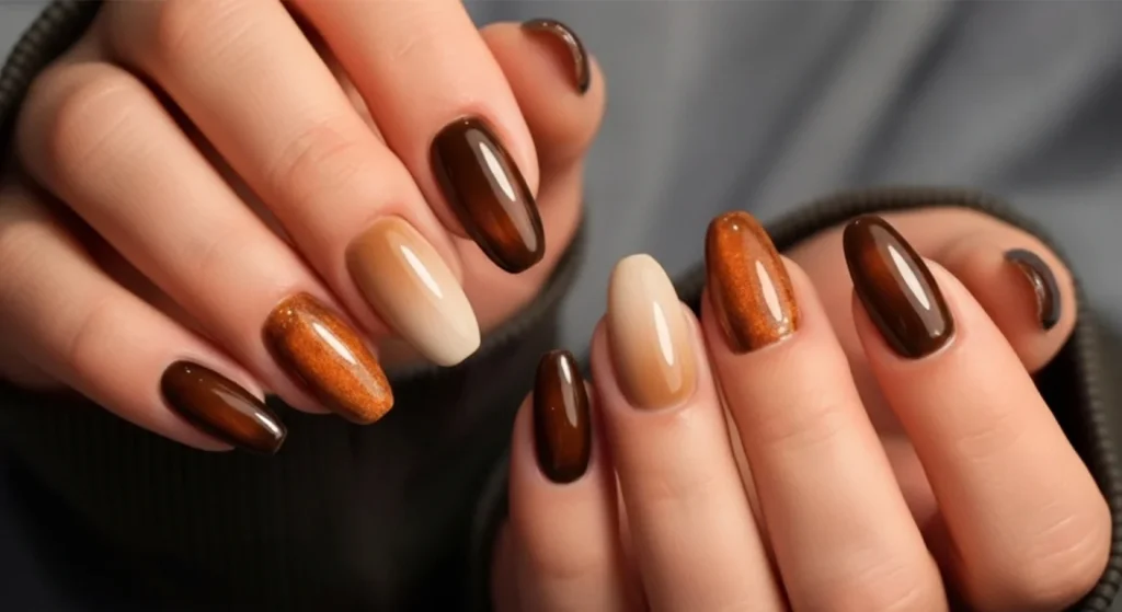 Flat lay of aesthetic fall gel nails featuring pumpkin chrome, latte ombré, and cinnamon brown aura designs arranged on a neutral background.