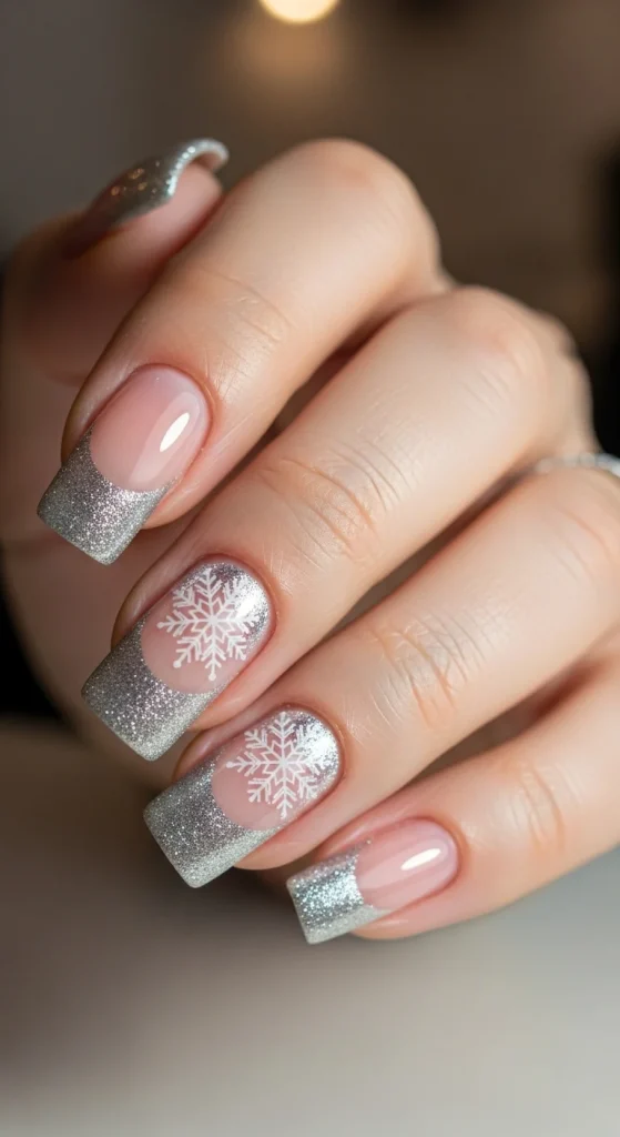 Frosty French manicure with silver glitter and snowflake accents.