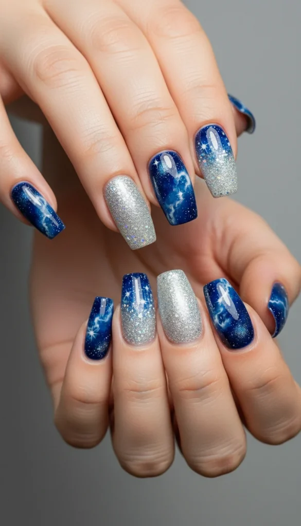 Frosty galaxy nails with blue, silver, and lilac shimmer design.