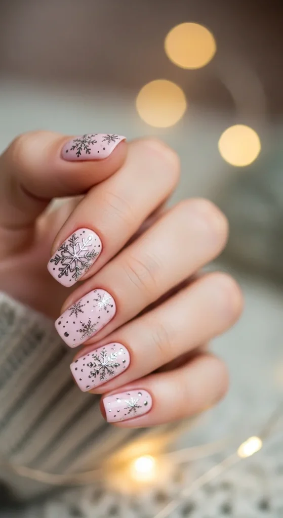 Frozen rose nails with pink base and silver snowflake accents.