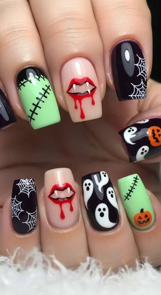 Frankenstein stitches, vampire bites, and ghost doodles collide in a playful mix-and-match manicure.