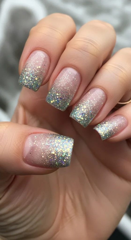 glitter-dipped nails with sparkly gradient at tips