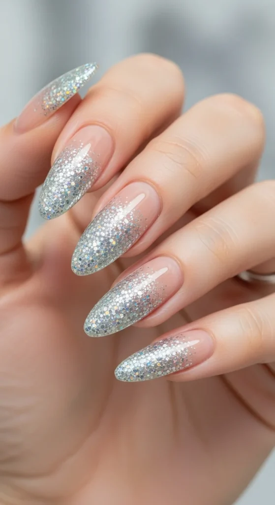 ombré glitter nails fading from nude to silver sparkle.