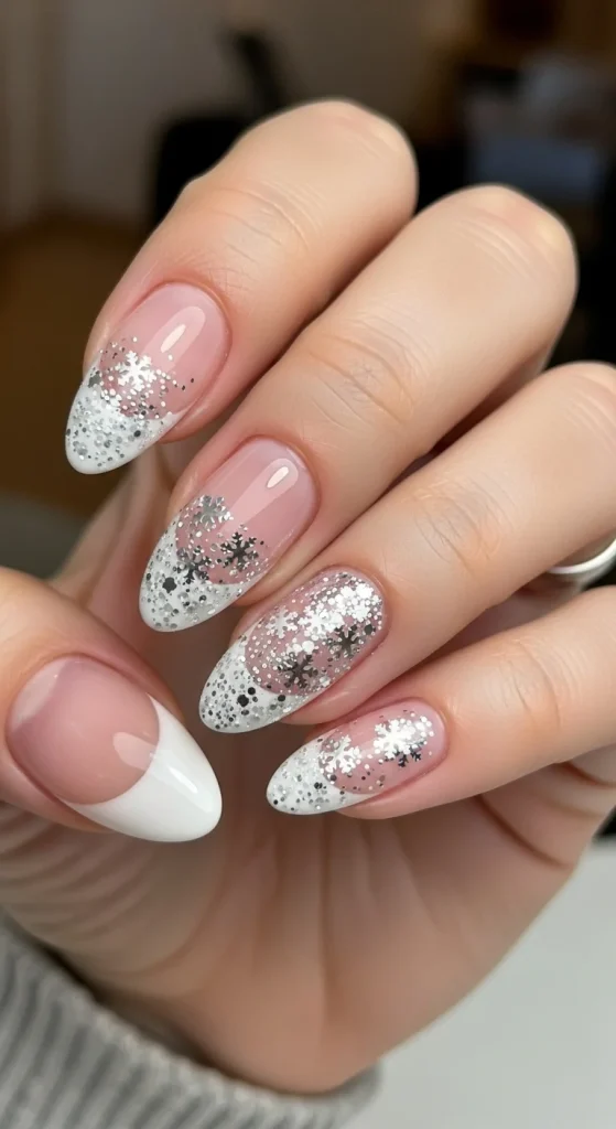 Glitter snowflake French nails with silver sparkle accents.