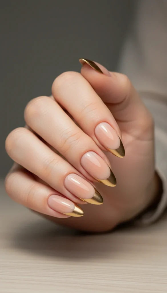Nude nails with metallic gold French tips for holiday 2025.