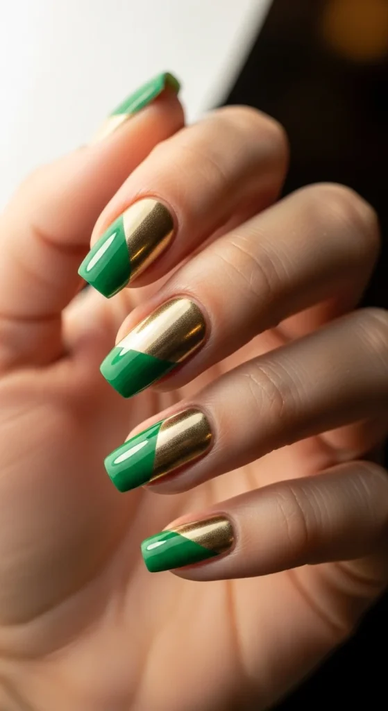 Gold and emerald holiday nail design