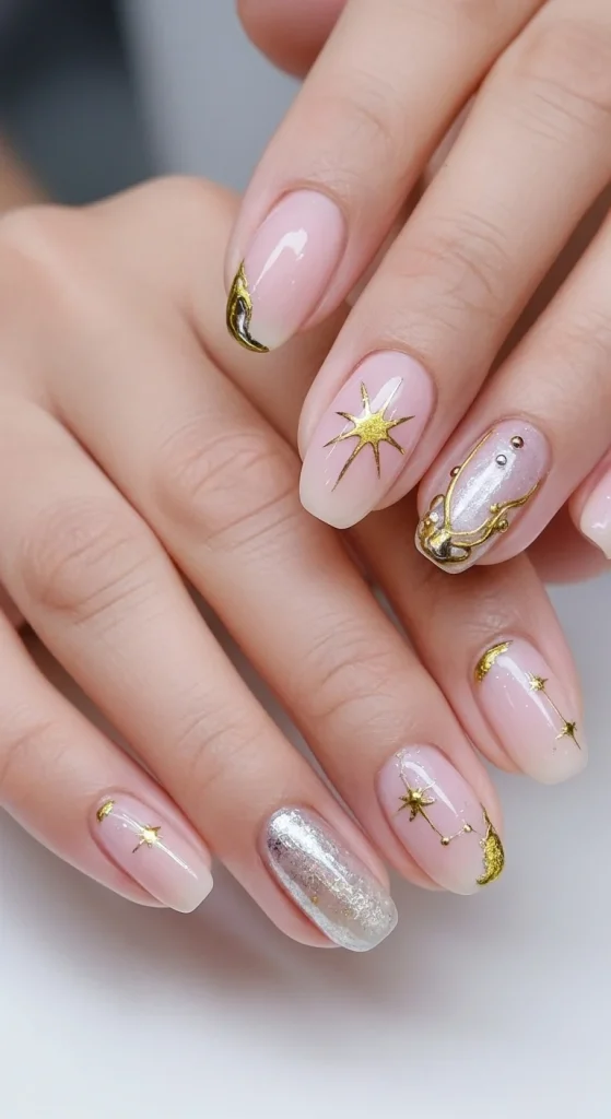 nude nails with golden stars and moons, celestial-inspired manicure.