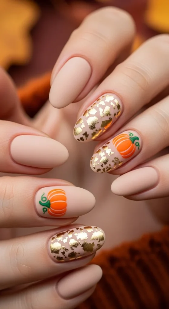 Nude nails with small orange pumpkin and gold foil accents.