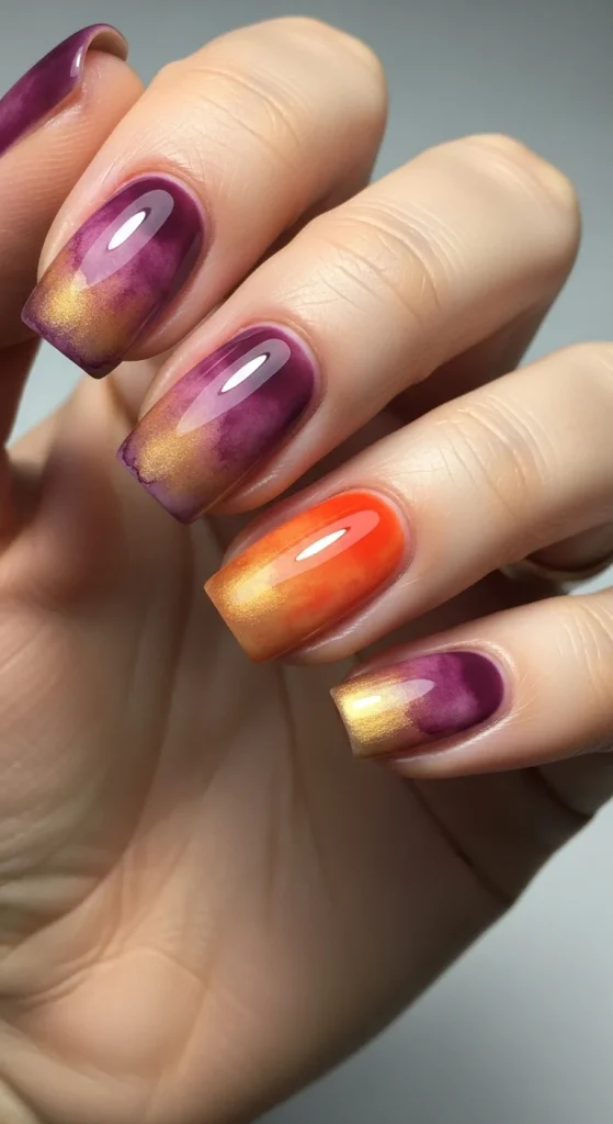 Watercolor-style gel nails with blended fall hues and artistic flair.