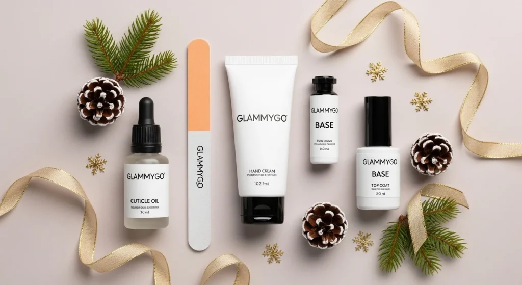 Flatlay of nail care products with cuticle oil, hand cream, and festive decor, holiday nail prep essentials 2025.