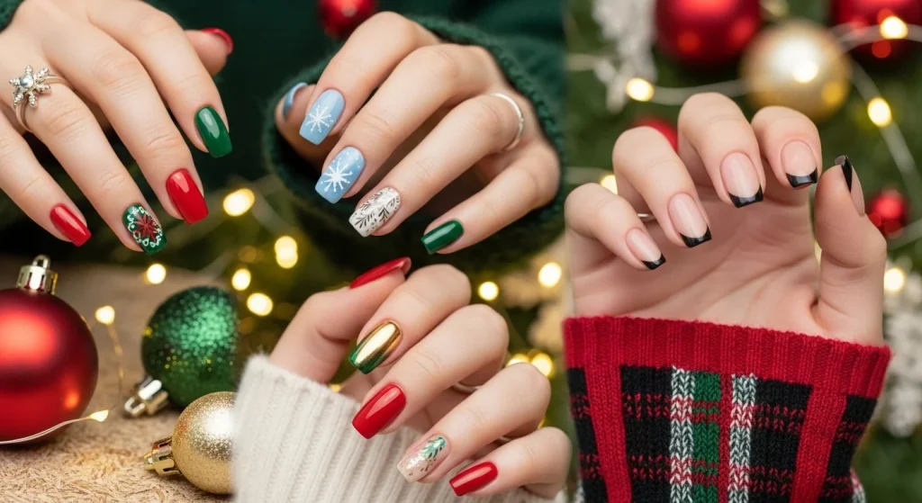 Holiday nail designs 2025 featuring red and green Christmas designs, metallic gold chrome, icy blue winter nails, and cozy plaid sweater manicure.