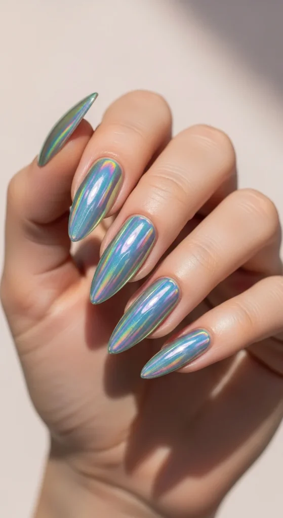holographic chrome nails with iridescent effect