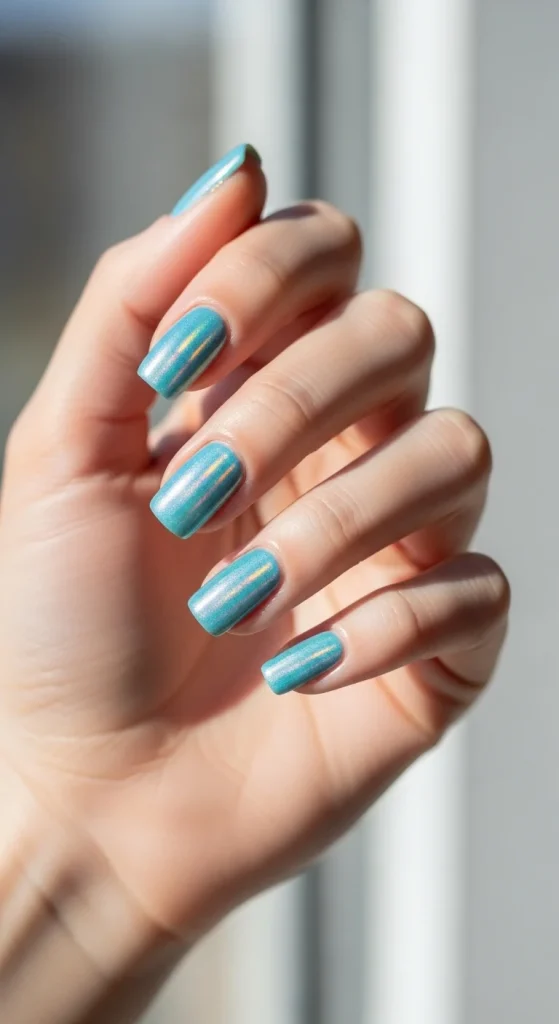Pale blue nails with holographic shimmer for winter wonderland vibes.