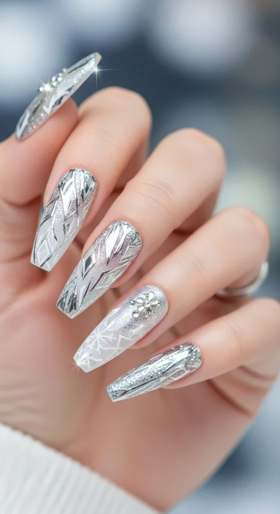 Ice crystal press-on nails with frosty clear and silver details.