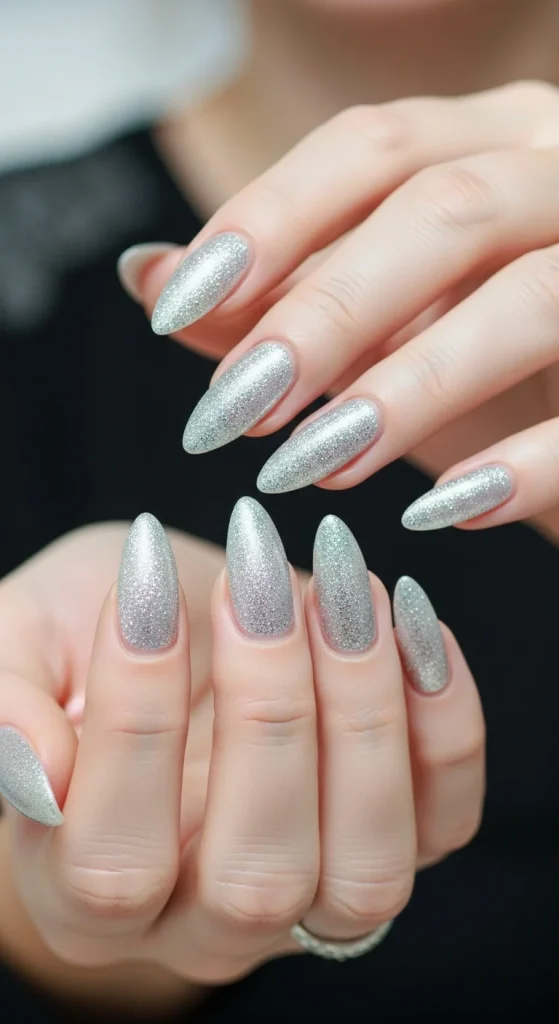 Classic Christmas Nails 2025: 21 Timeless Holiday Nail Designs 10 Silver glitter holiday nails — frosty minimalist Christmas manicure trend 2025.