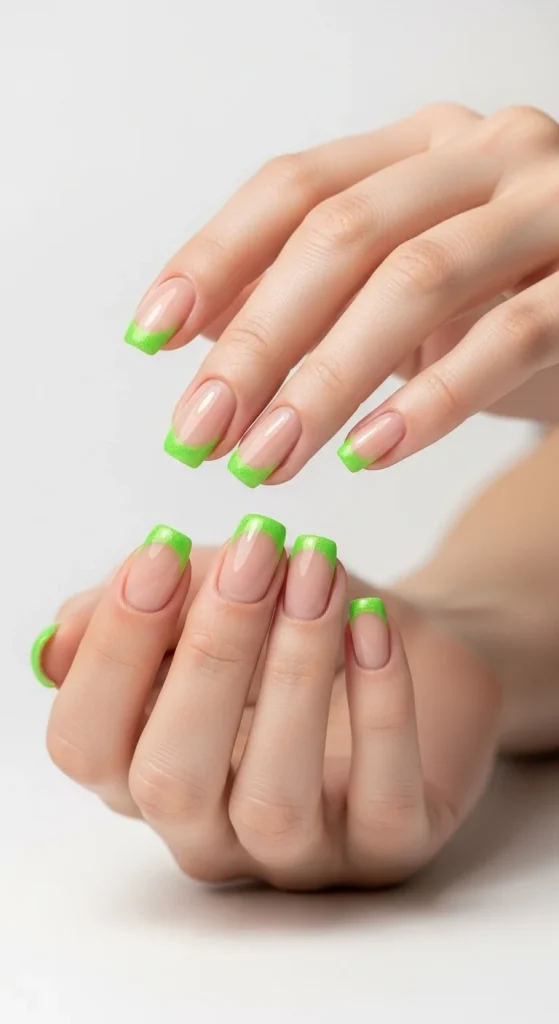 Nude nails with frosted lime green French tips, trendy and refreshing.