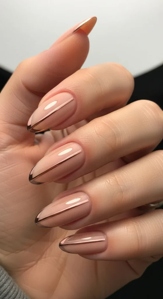 Warm nude nails with fine rose-gold metallic stripe at the tip for minimal festive style.