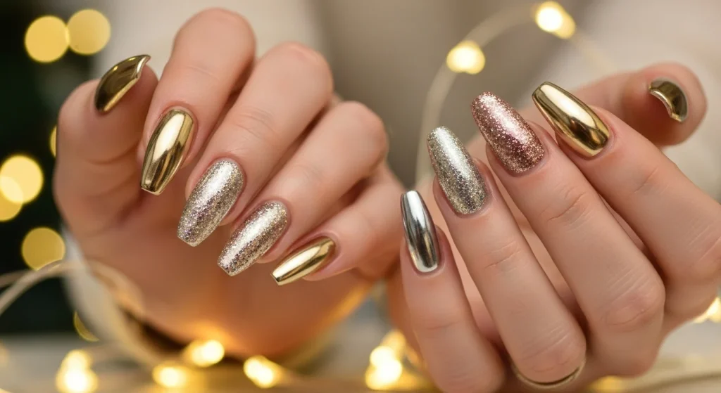 Metallic & Glitter Holiday Nails 2025: Shine Bright This Festive Season 16 Metallic and glitter holiday nails with gold, silver, and rose gold chrome finishes — festive manicure for Christmas and New Year’s 2025.